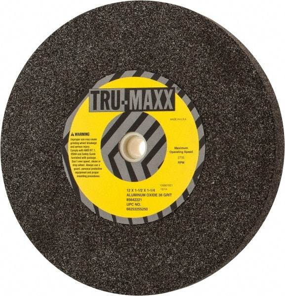 Tru-Maxx - 36 Grit Aluminum Oxide Bench & Pedestal Grinding Wheel - 12" Diam x 1-1/4" Hole x 1-1/2" Thick, 2705 Max RPM, P Hardness, Very Coarse Grade , Vitrified Bond - Exact Industrial Supply