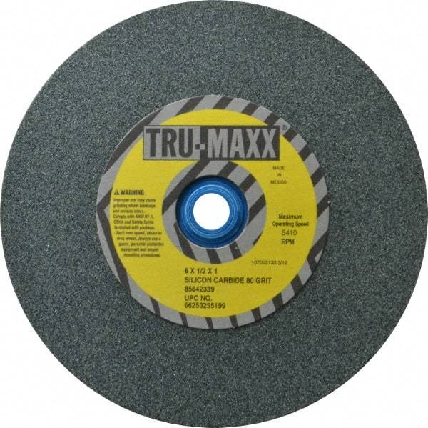 Tru-Maxx - 80 Grit Silicon Carbide Bench & Pedestal Grinding Wheel - 6" Diam x 1" Hole x 1/2" Thick, 5410 Max RPM, K Hardness, Medium Grade , Vitrified Bond - Exact Industrial Supply