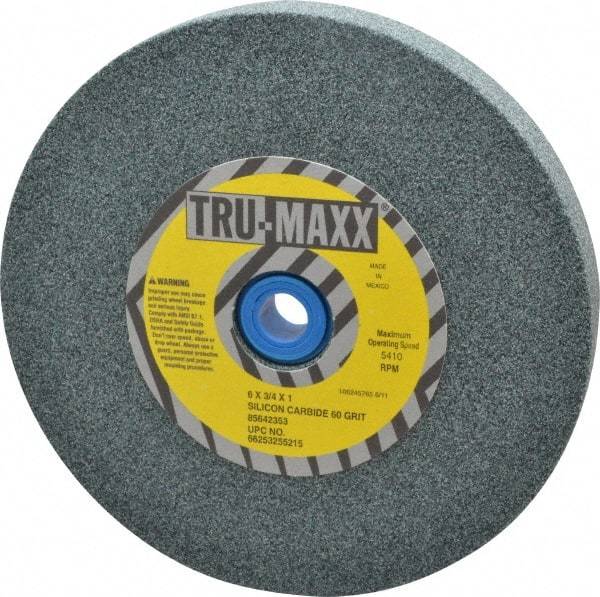 Tru-Maxx - 60 Grit Silicon Carbide Bench & Pedestal Grinding Wheel - 6" Diam x 1" Hole x 3/4" Thick, 5410 Max RPM, K Hardness, Medium Grade , Vitrified Bond - Exact Industrial Supply