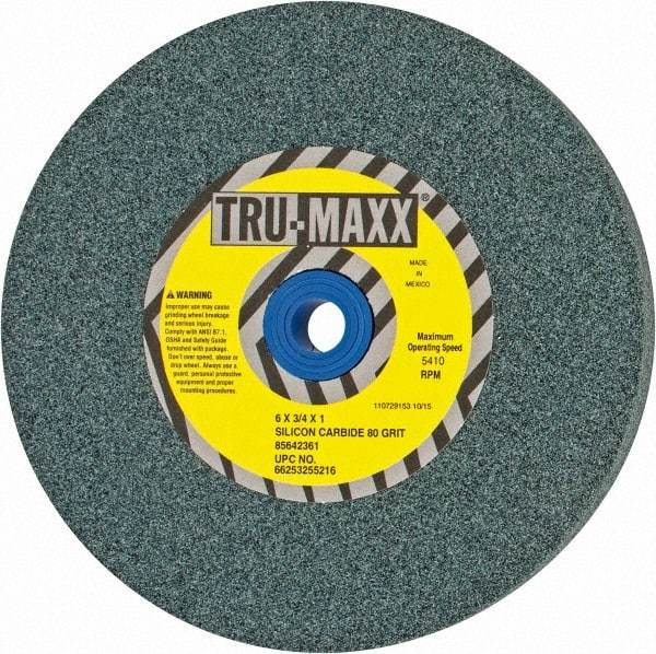 Tru-Maxx - 80 Grit Silicon Carbide Bench & Pedestal Grinding Wheel - 6" Diam x 1" Hole x 3/4" Thick, 5410 Max RPM, K Hardness, Medium Grade , Vitrified Bond - Exact Industrial Supply