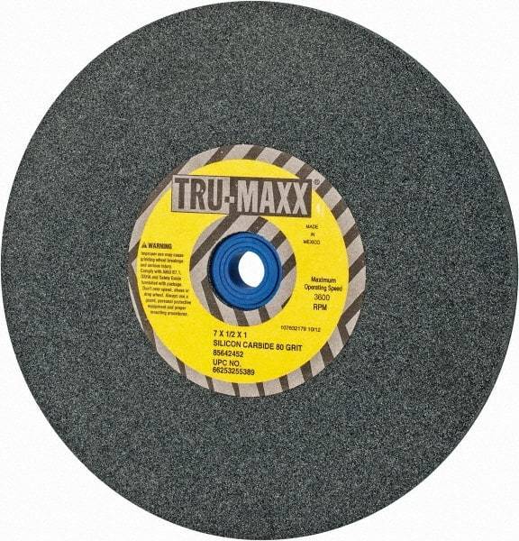 Tru-Maxx - 80 Grit Silicon Carbide Bench & Pedestal Grinding Wheel - 7" Diam x 1" Hole x 1/2" Thick, 3600 Max RPM, K Hardness, Medium Grade , Vitrified Bond - Exact Industrial Supply