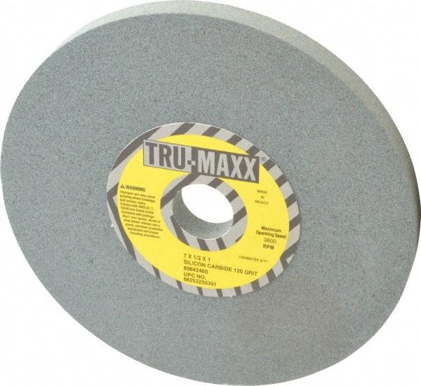 Tru-Maxx - 120 Grit Silicon Carbide Bench & Pedestal Grinding Wheel - 7" Diam x 1" Hole x 1/2" Thick, 3600 Max RPM, K Hardness, Fine Grade , Vitrified Bond - Exact Industrial Supply