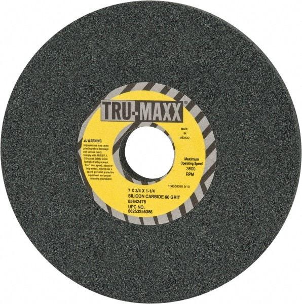 Tru-Maxx - 60 Grit Silicon Carbide Bench & Pedestal Grinding Wheel - 7" Diam x 1-1/4" Hole x 3/4" Thick, 3600 Max RPM, K Hardness, Medium Grade , Vitrified Bond - Exact Industrial Supply