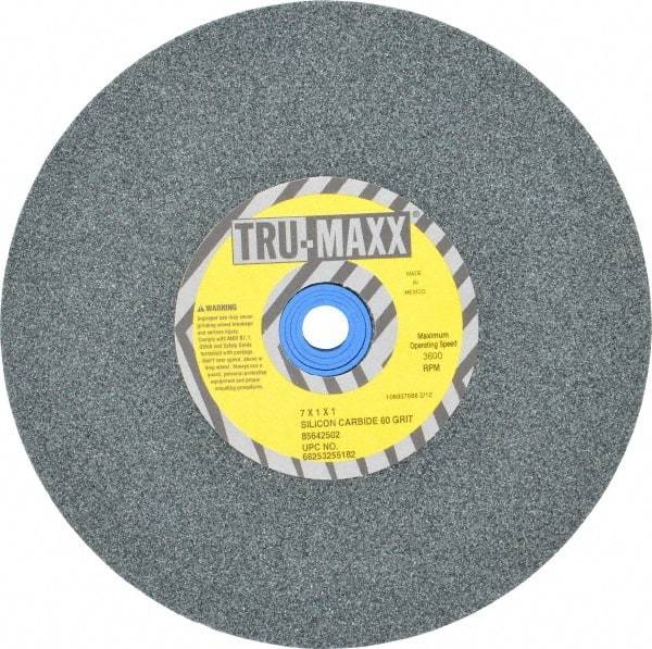 Tru-Maxx - 60 Grit Silicon Carbide Bench & Pedestal Grinding Wheel - 7" Diam x 1" Hole x 1" Thick, 3600 Max RPM, K Hardness, Medium Grade , Vitrified Bond - Exact Industrial Supply