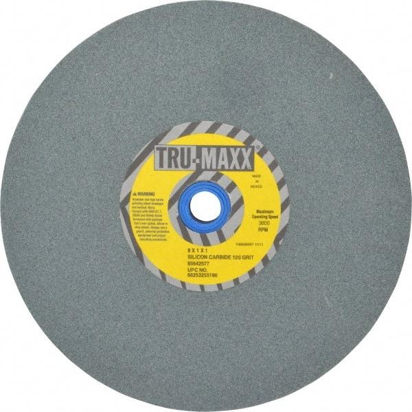 Tru-Maxx - 120 Grit Silicon Carbide Bench & Pedestal Grinding Wheel - 8" Diam x 1" Hole x 1" Thick, 3600 Max RPM, K Hardness, Fine Grade , Vitrified Bond - Exact Industrial Supply