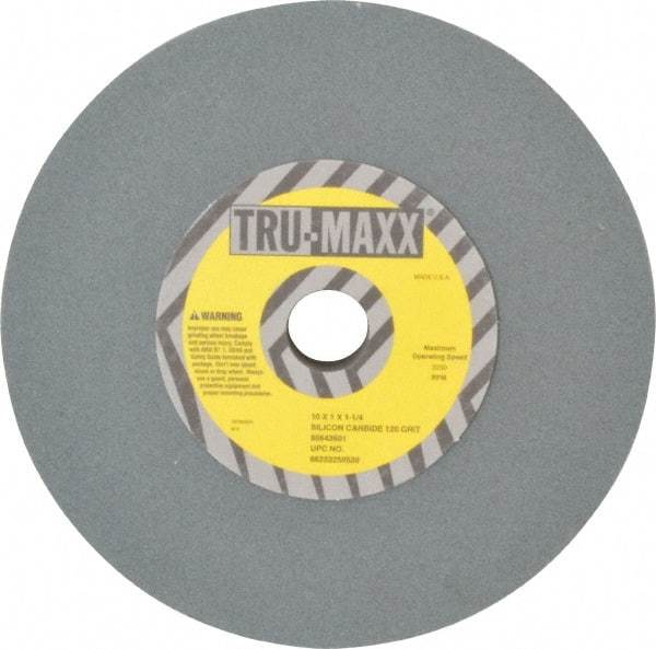 Tru-Maxx - 120 Grit Silicon Carbide Bench & Pedestal Grinding Wheel - 10" Diam x 1-1/4" Hole x 1" Thick, 3250 Max RPM, K Hardness, Fine Grade , Vitrified Bond - Exact Industrial Supply