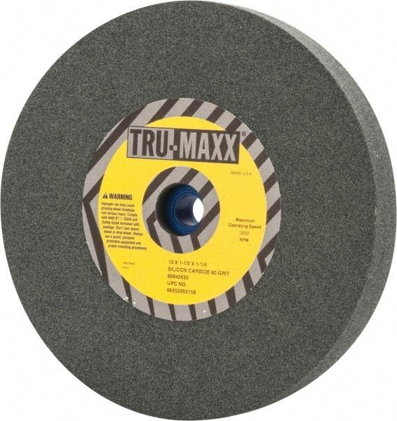 Tru-Maxx - 80 Grit Silicon Carbide Bench & Pedestal Grinding Wheel - 10" Diam x 1-1/4" Hole x 1-1/2" Thick, 3250 Max RPM, K Hardness, Medium Grade , Vitrified Bond - Exact Industrial Supply