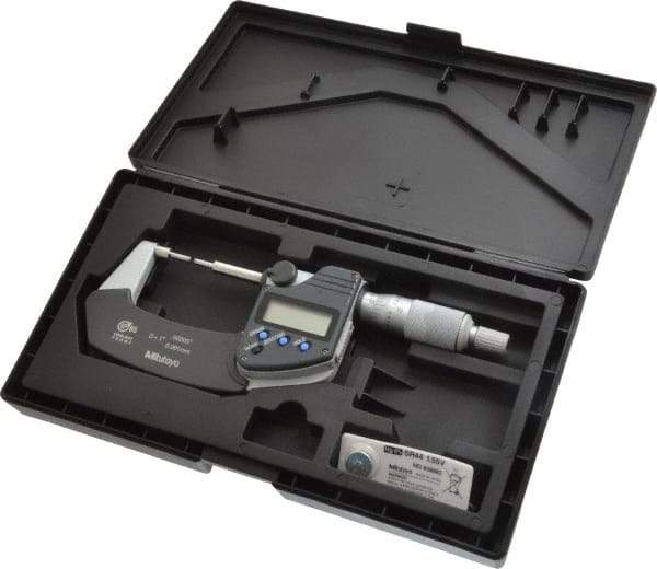 Mitutoyo - 1 Inch, 1.2598 Inch Throat Depth, Electronic Spline Micrometer - Accurate Up to 0.0001 Inch, 1/4 Inch Spindle Diameter, 0.18mm Head Diameter, Ratchet Stop Thimble, Data Output - Exact Industrial Supply