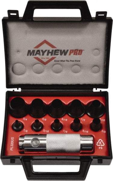 Mayhew - 11 Piece, 1/8 to 3/4", Hollow Punch Set - Round Shank, Alloy Steel, Comes in Plastic Case - Exact Industrial Supply