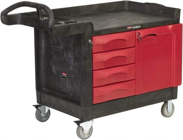 Rubbermaid - 750 Lb Capacity, 4 Shelf Mobile Cabinet - 27-7/8" Wide x 50-3/4" Deep x 29" High, Polypropylene, Red/Black - Exact Industrial Supply