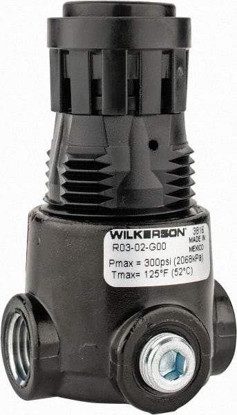 Wilkerson - 1/4 NPT Port, 15 CFM, Zinc Miniature Regulator - 2 to 125 psi Range, 300 Max psi Supply Pressure, 1/8" Gauge Port Thread, 1.65" Wide x 2.88" High - Exact Industrial Supply