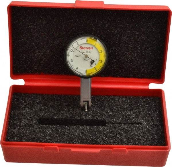 Starrett - 0.02 Inch Range, 0.0001 Inch Dial Graduation, Horizontal Dial Test Indicator - 1-3/8 Inch White Dial, 0-5-0 Dial Reading - Exact Industrial Supply