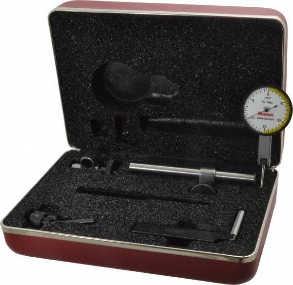 Starrett - 7 Piece, 0" to 0.03" Measuring Range, 1-3/8" Dial Diam, 0-15-0 Dial Reading, White Dial Test Indicator Kit - 13/16" Contact Point Length, 2mm Ball Diam, 0.0005" Dial Graduation - Exact Industrial Supply