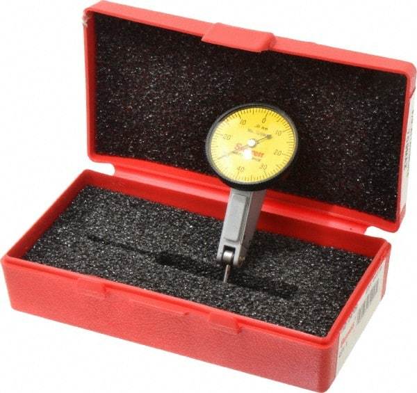 Starrett - 0.8 mm Range, 0.01 mm Dial Graduation, Horizontal Dial Test Indicator - 1-3/8 Inch Yellow Dial, 0-40-0 Dial Reading - Exact Industrial Supply