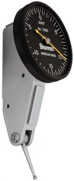 Starrett - 0.03 Inch Range, 0.0005 Inch Dial Graduation, Horizontal Dial Test Indicator - 1-3/8 Inch Black Dial, 0-15-0 Dial Reading - Exact Industrial Supply