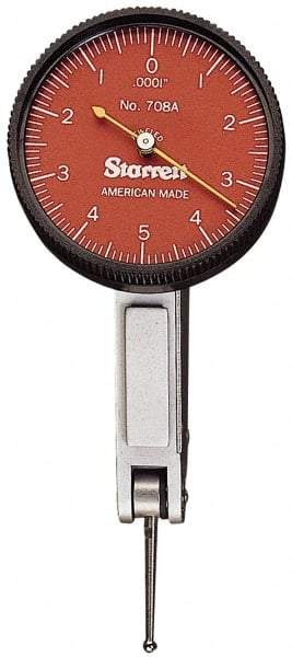 Starrett - 0.03 Inch Range, 0.0005 Inch Dial Graduation, Horizontal Dial Test Indicator - 1-3/8 Inch Red Dial, 0-15-0 Dial Reading - Exact Industrial Supply