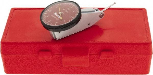 Starrett - 0.01 Inch Range, 0.0001 Inch Dial Graduation, Horizontal Dial Test Indicator - 1-3/8 Inch Red Dial, 0-5-0 Dial Reading - Exact Industrial Supply