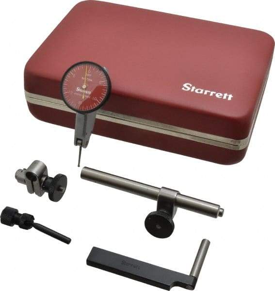 Starrett - 7 Piece, 0" to 0.03" Measuring Range, 1-3/8" Dial Diam, 0-15-0 Dial Reading, Red Dial Test Indicator Kit - 13/16" Contact Point Length, 2mm Ball Diam, 0.0005" Dial Graduation - Exact Industrial Supply