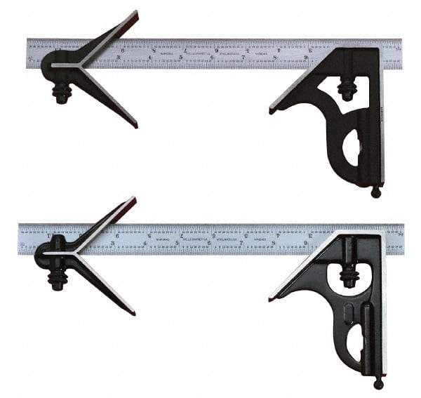 Starrett - 3 Piece, 18" Combination Square Set - 1/100, 1/32, 1/50 & 1/64" (16R) Graduation, Steel Blade, Forged Steel Center & Square Head - Exact Industrial Supply