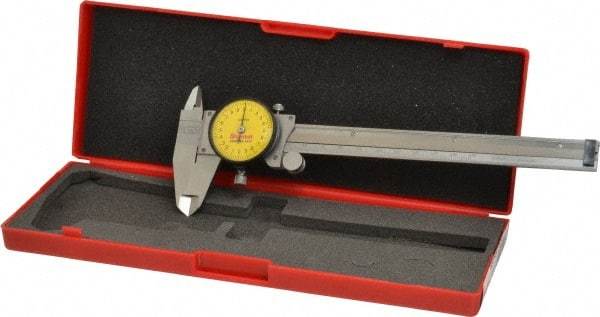 Starrett - 0mm to 150mm Range, 0.02 mm Graduation, 2mm per Revolution, Dial Caliper - Yellow Face, 1-1/2" Jaw Length, Accurate to 0.03mm - Exact Industrial Supply
