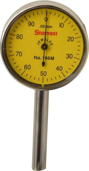 Starrett - 5 mm Range, 0.02 mm Dial Graduation, Horizontal Dial Test Indicator - 1-7/16 Inch Yellow Dial, 0-100 Dial Reading - Exact Industrial Supply