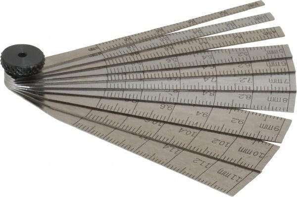 Starrett - 2 to 12mm Measurement, 10 Leaf Taper Gage - 64mm Long, Tempered Steel, 0.02mm Graduation - Exact Industrial Supply