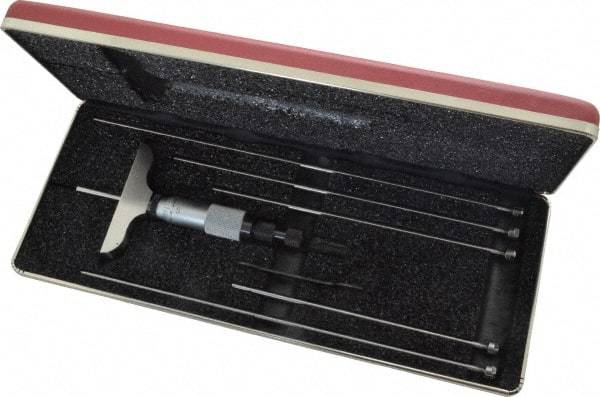 Starrett - 0 to 6" Range, 6 Rod, Mechanical Depth Micrometer - Ratchet Stop Thimble, 2-1/2" Base Length, 0.01mm Graduation, 1/8" Rod Diam - Exact Industrial Supply