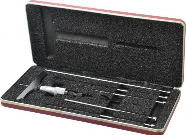 Starrett - 0 to 6" Range, 6 Rod, Satin Chrome Finish Mechanical Depth Micrometer - Ratchet Stop Thimble, 4" Base Length, 0.01mm Graduation, 5/32" Rod Diam - Exact Industrial Supply