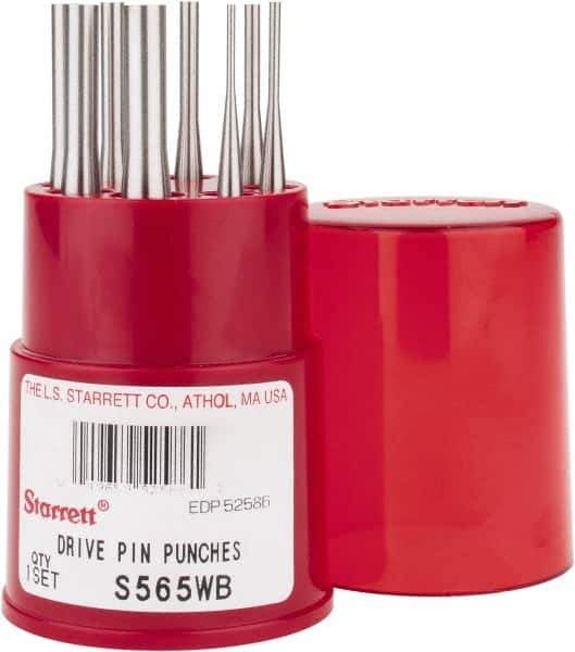 Starrett - 8 Piece, 1/16 to 5/16", Pin Punch Set - Round Shank, Comes in Round Container - Exact Industrial Supply