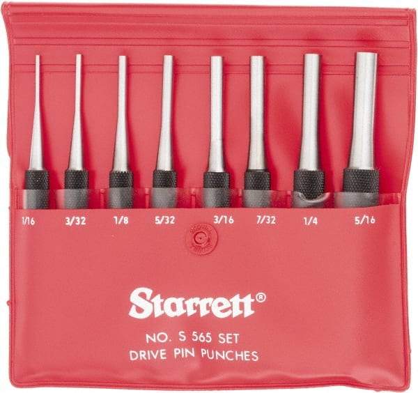 Starrett - 8 Piece, 1/16 to 5/16", Pin Punch Set - Round Shank, Comes in Vinyl Pouch - Exact Industrial Supply