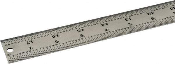 Starrett - 48" Long, 1/64, 1/32, 1/16, 1/8" Graduation, Rigid Spring Steel Rule - 4R Graduation Style, 1-1/4" Wide, Silver, Satin Chrome Finish - Exact Industrial Supply