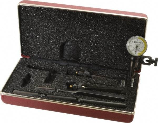 Starrett - 11 Piece, 0mm to 0.7mm Measuring Range, 15/16" Dial Diam, 0-35-0 Dial Reading, White & Yellow Dial Test Indicator Kit - 5/32" Contact Point Length, 0.9, 1.6 & 3mm Ball Diam, 0.01mm Dial Graduation - Exact Industrial Supply