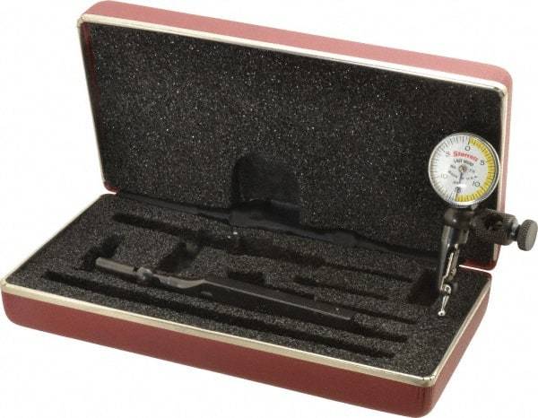 Starrett - 4 Piece, 0" to 0.03" Measuring Range, 15/16" Dial Diam, 0-15-0 Dial Reading, White & Yellow Dial Test Indicator Kit - 5/32" Contact Point Length, 3mm Ball Diam, 0.0005" Dial Graduation - Exact Industrial Supply