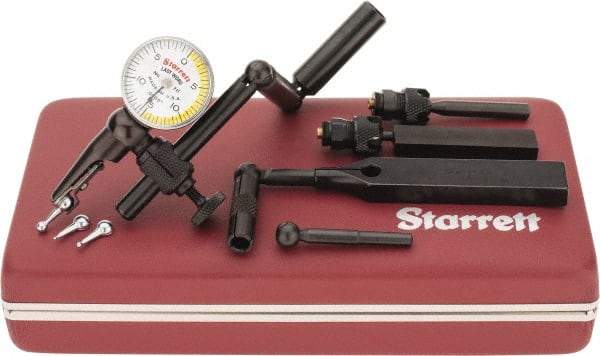 Starrett - 11 Piece, 0" to 0.03" Measuring Range, 15/16" Dial Diam, 0-15-0 Dial Reading, White & Yellow Dial Test Indicator Kit - 5/32" Contact Point Length, 0.9, 1.6 & 3mm Ball Diam, 0.0005" Dial Graduation - Exact Industrial Supply