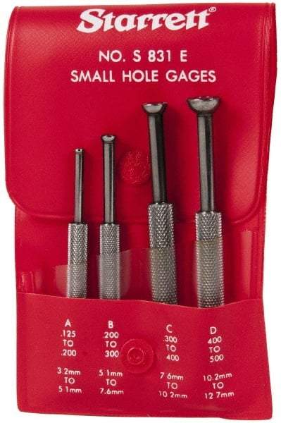 Starrett - 1/8 to 1/2 Inch Measurement, Small Hole Gage Set - 2-13/16, 3-1/8, 3-3/8 and 3-1/2 Inch Long, Half Ball, Includes Case - Exact Industrial Supply