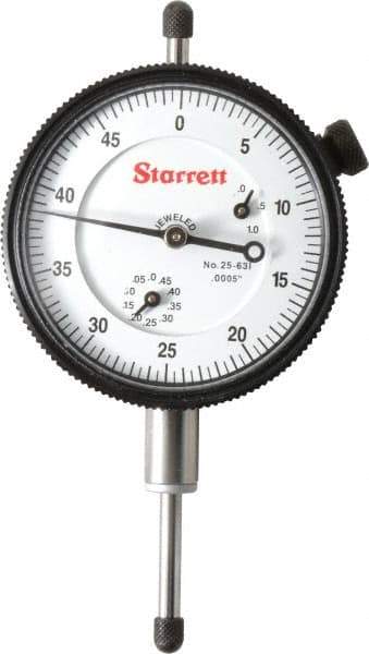 Starrett - 1" Range, 0-50 Dial Reading, 0.0005" Graduation Dial Drop Indicator - 2-1/4" Dial, 0.05" Range per Revolution, Revolution Counter - Exact Industrial Supply