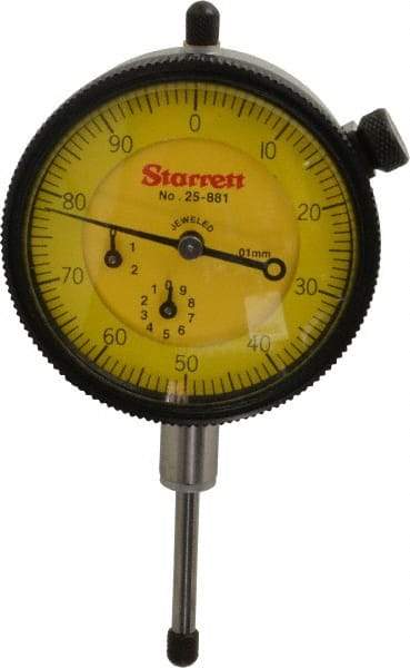 Starrett - 25mm Range, 0-100 Dial Reading, 0.01mm Graduation Dial Drop Indicator - 2-1/4" Dial, 1mm Range per Revolution, Revolution Counter - Exact Industrial Supply