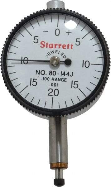 Starrett - 0.1" Range, 0-20-0 Dial Reading, 0.001" Graduation Dial Drop Indicator - 1-1/4" Dial, 0.04" Range per Revolution, Revolution Counter - Exact Industrial Supply