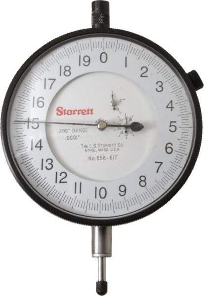 Starrett - 0.4" Range, 0-20 Dial Reading, 0.0001" Graduation Dial Drop Indicator - 3-5/8" Dial, 0.02" Range per Revolution - Exact Industrial Supply