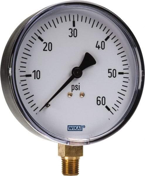 Wika - 4" Dial, 1/4 Thread, 0-60 Scale Range, Pressure Gauge - Lower Connection Mount, Accurate to 3-2-3% of Scale - Exact Industrial Supply