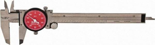 Starrett - 0" to 6" Range, 0.001" Graduation, 0.1" per Revolution, Dial Caliper - Red Face, 1-1/2" Jaw Length, Accurate to 0.0010" - Exact Industrial Supply