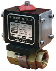 Gemini Valve - 3/8" Pipe, 720 psi WOG Rating Brass Pneumatic Double Acting with Solenoid Actuated Ball Valve - Reinforced PTFE Seal, Full Port, Threaded (NPT) End Connection - Exact Industrial Supply