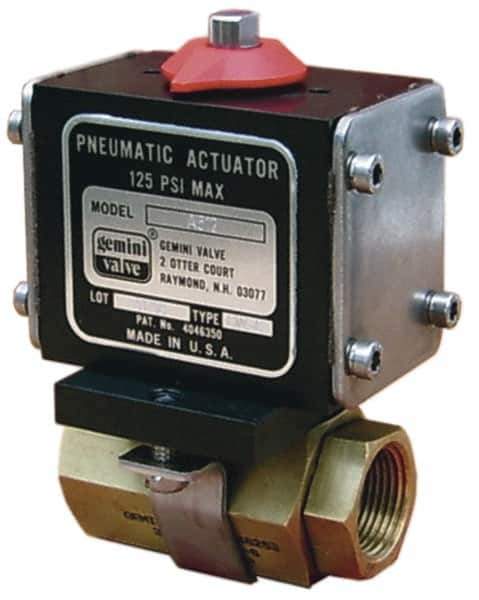 Gemini Valve - 2" Pipe, 720 psi WOG Rating Brass Pneumatic Double Acting with Solenoid Actuated Ball Valve - Reinforced PTFE Seal, Standard Port, Threaded (NPT) End Connection - Exact Industrial Supply