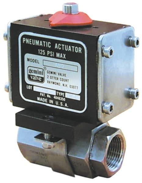 Gemini Valve - 1/2" Pipe, 720 psi WOG Rating Stainless Steel Pneumatic Double Acting with Solenoid Actuated Ball Valve - Reinforced PTFE Seal, Full Port, Threaded (NPT) End Connection - Exact Industrial Supply