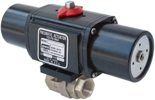 Gemini Valve - 2" Pipe, 720 psi WOG Rating Stainless Steel Pneumatic Spring Return with Solenoid Actuated Ball Valve - Reinforced PTFE Seal, Standard Port, Threaded (NPT) End Connection - Exact Industrial Supply