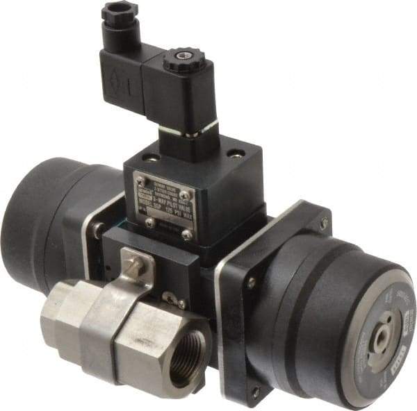 Gemini Valve - 3/4" Pipe, 720 psi WOG Rating Stainless Steel Pneumatic Spring Return with Solenoid Actuated Ball Valve - Reinforced PTFE Seal, Standard Port, Threaded (NPT) End Connection - Exact Industrial Supply