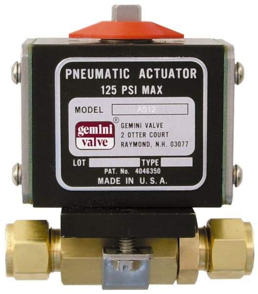 Gemini Valve - 1/4" Pipe, 1,000 psi WOG Rating Brass Pneumatic Double Acting with Solenoid Actuated Ball Valve - Reinforced PTFE Seal, Full Port, TYLOK (Compression) End Connection - Exact Industrial Supply