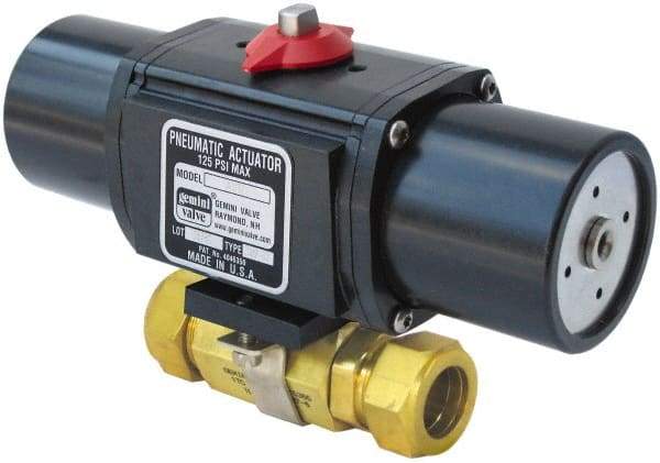 Gemini Valve - 3/8" Pipe, 1,000 psi WOG Rating Brass Pneumatic Spring Return with Solenoid Actuated Ball Valve - Reinforced PTFE Seal, Full Port, TYLOK (Compression) End Connection - Exact Industrial Supply