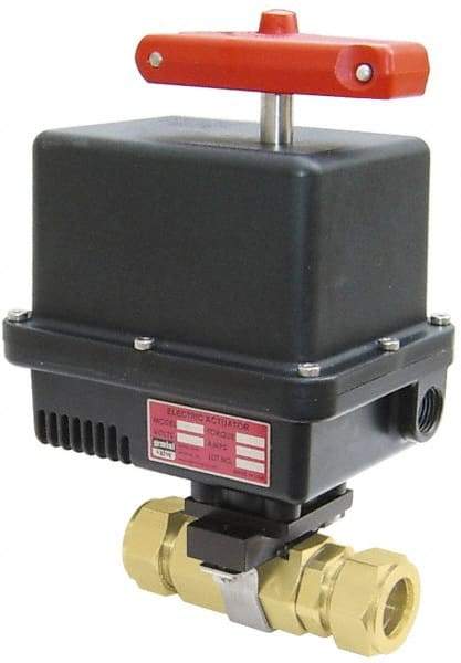 Gemini Valve - 1" Pipe, 1,000 psi WOG Rating Brass Electric Actuated Ball Valve - Reinforced PTFE Seal, Standard Port, TYLOK (Compression) End Connection - Exact Industrial Supply