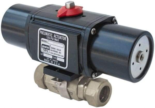 Gemini Valve - 1/4" Pipe, 1,000 psi WOG Rating Stainless Steel Pneumatic Spring Return with Solenoid Actuated Ball Valve - Reinforced PTFE Seal, Full Port - Exact Industrial Supply